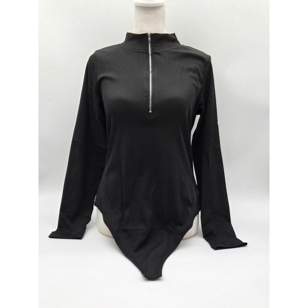Black Ribbed Long Sleeve Half Zip Mock Neck Bodysuit Size XL 101-512